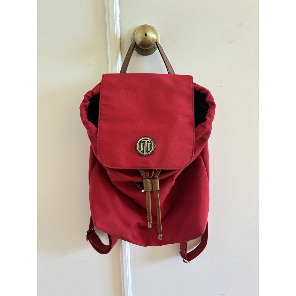 Tommy Hilfiger Red Canvas Backpack Bag Monogram Logo Brown Faux Leather